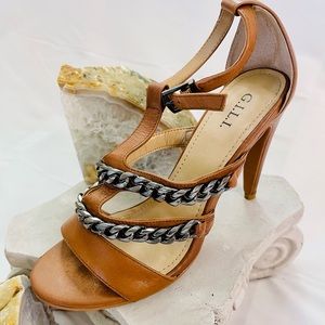 GILI Nylah Brown Leather Sandals with Gun Metal Chain